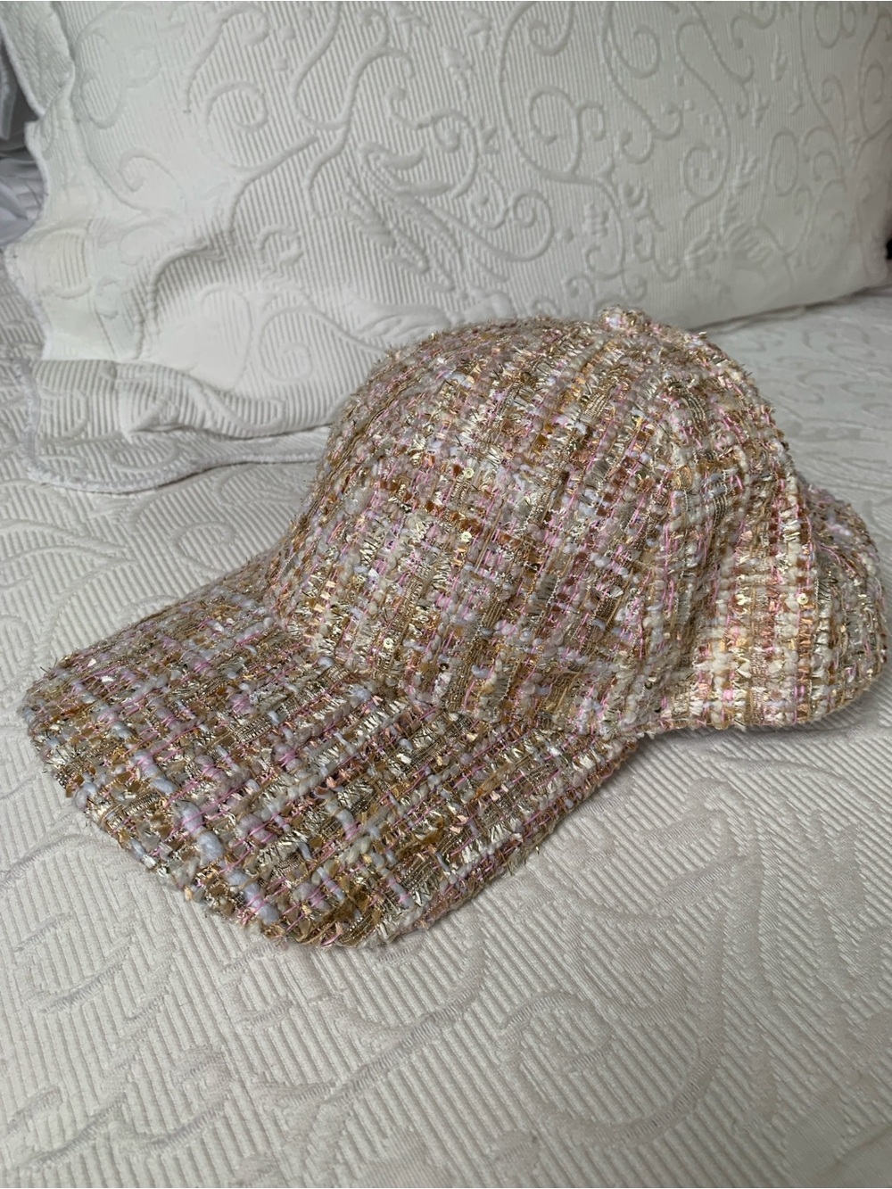 Textured Tweed Cap in Pink and Gold